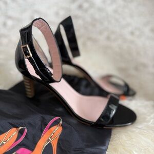 KATE SPADE 'ELSA' Black Patent Leather Ankle Strap Heels Sandal Sz 7 1/2B Italy